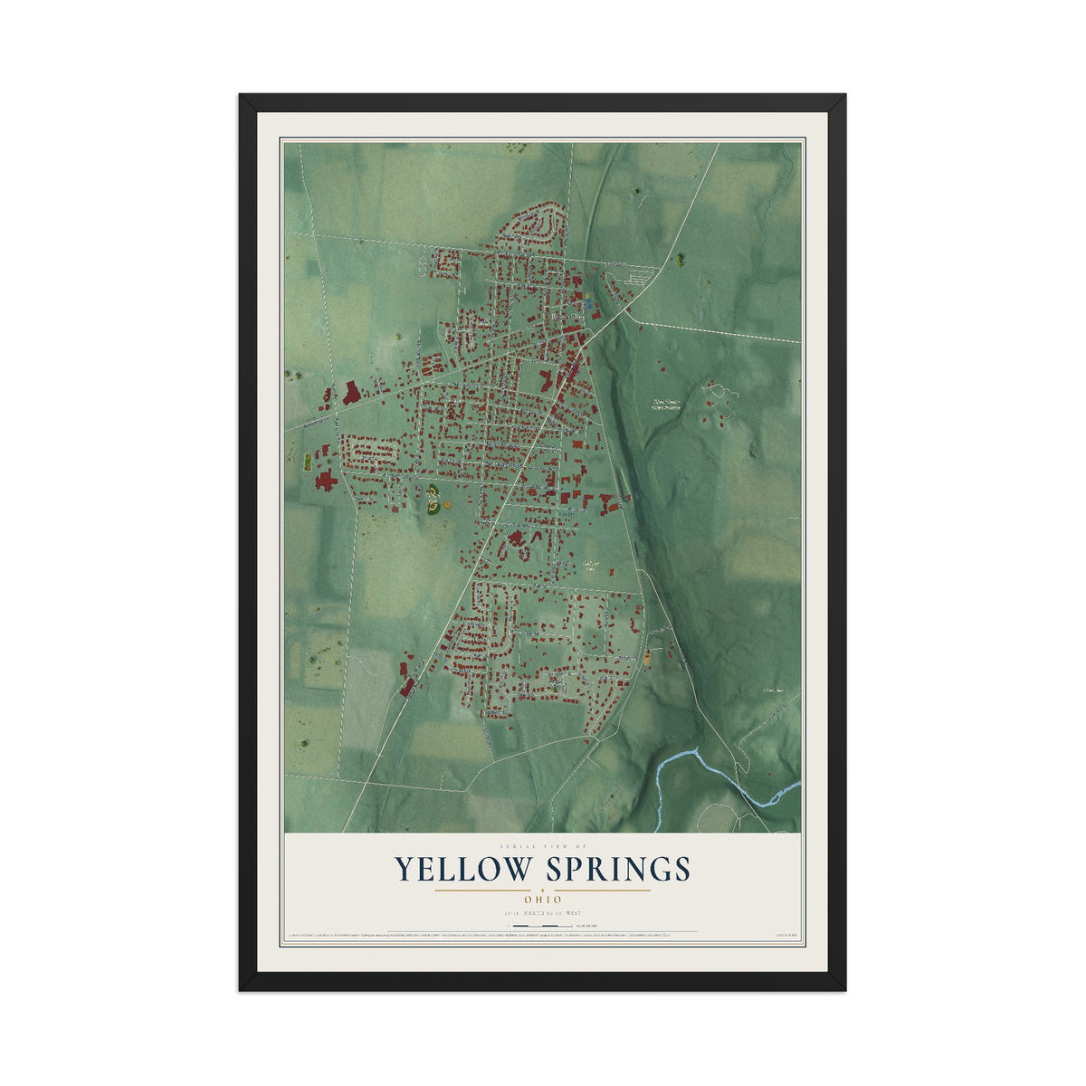 Map of Yellow Springs, Ohio, 12 x 18 inch print in a black wood frame