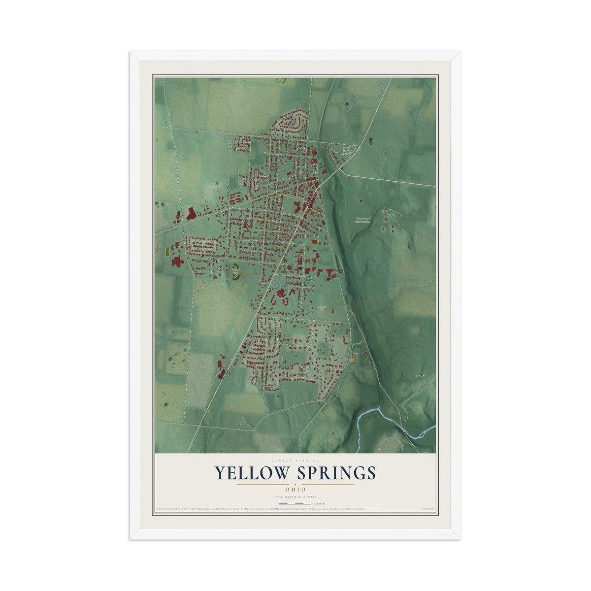 Map of Yellow Springs, Ohio, 12 x 18 inch print in a white wood frame