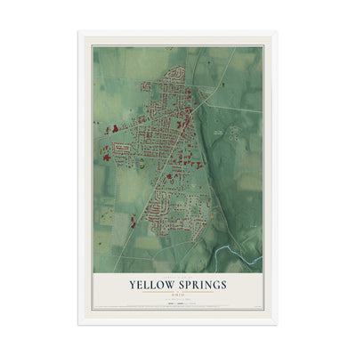 Map of Yellow Springs, Ohio, 12 x 18 inch print in a white wood frame