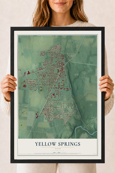 Map of Yellow Springs, Ohio, 18 x 24 inch print in a black wood frame