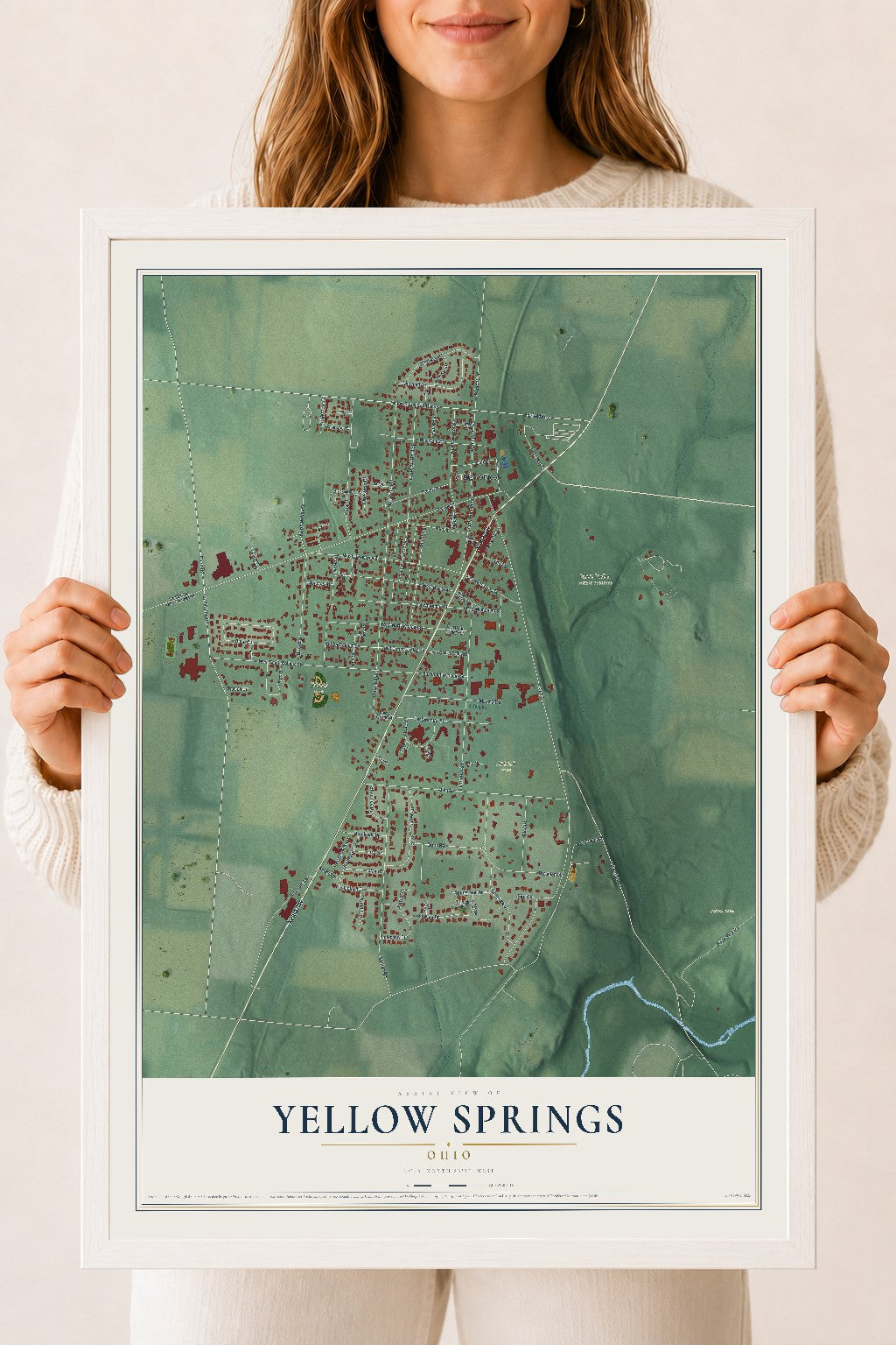 Map of Yellow Springs, Ohio, 18 x 24 inch print in a white wood frame