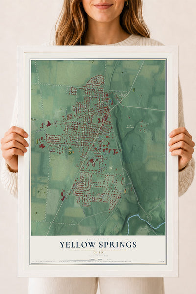 Map of Yellow Springs, Ohio, 18 x 24 inch print in a white wood frame