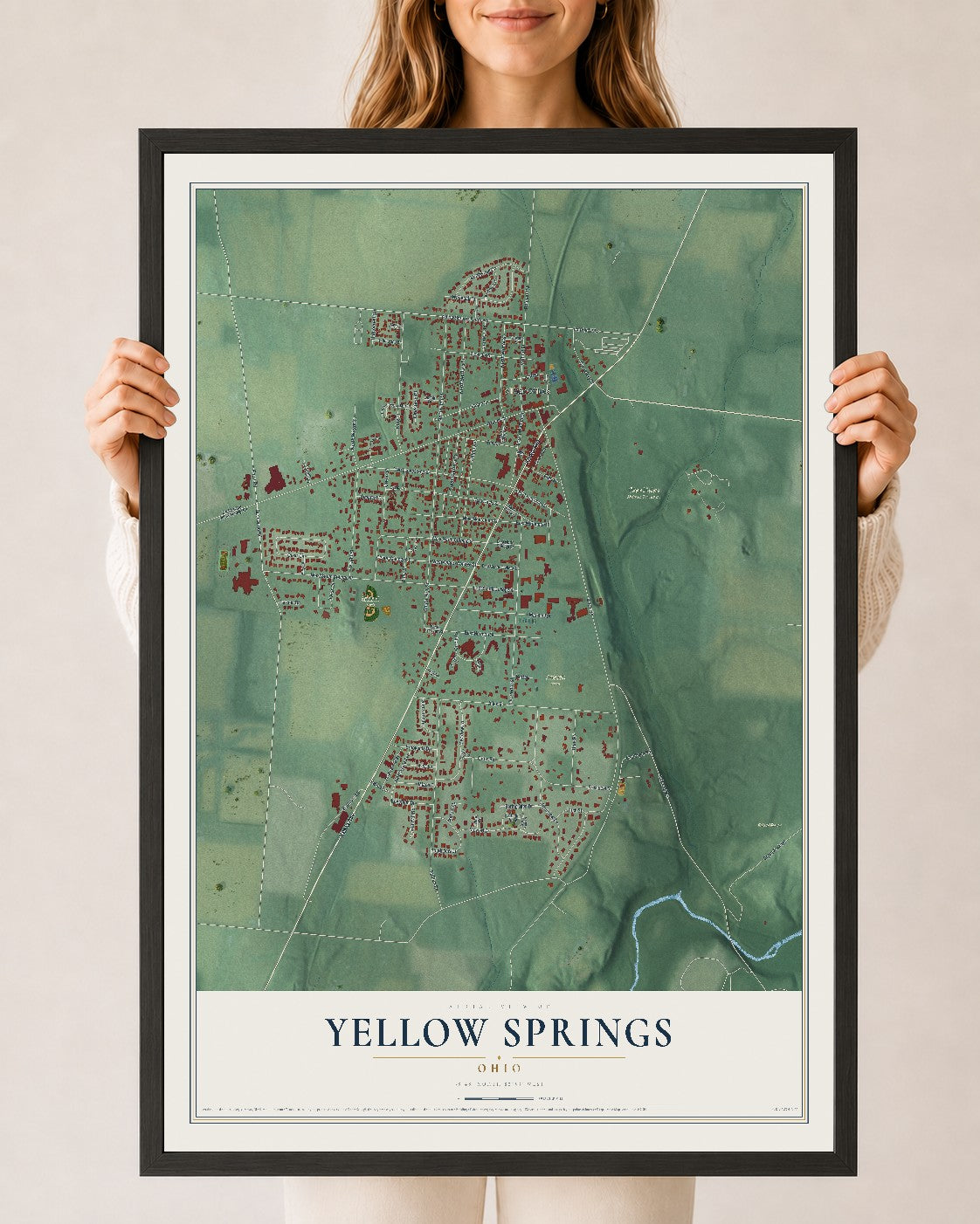 Map of Yellow Springs, Ohio, 24 x 36 inch print in a black wood frame