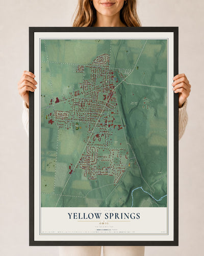Map of Yellow Springs, Ohio, 24 x 36 inch print in a black wood frame