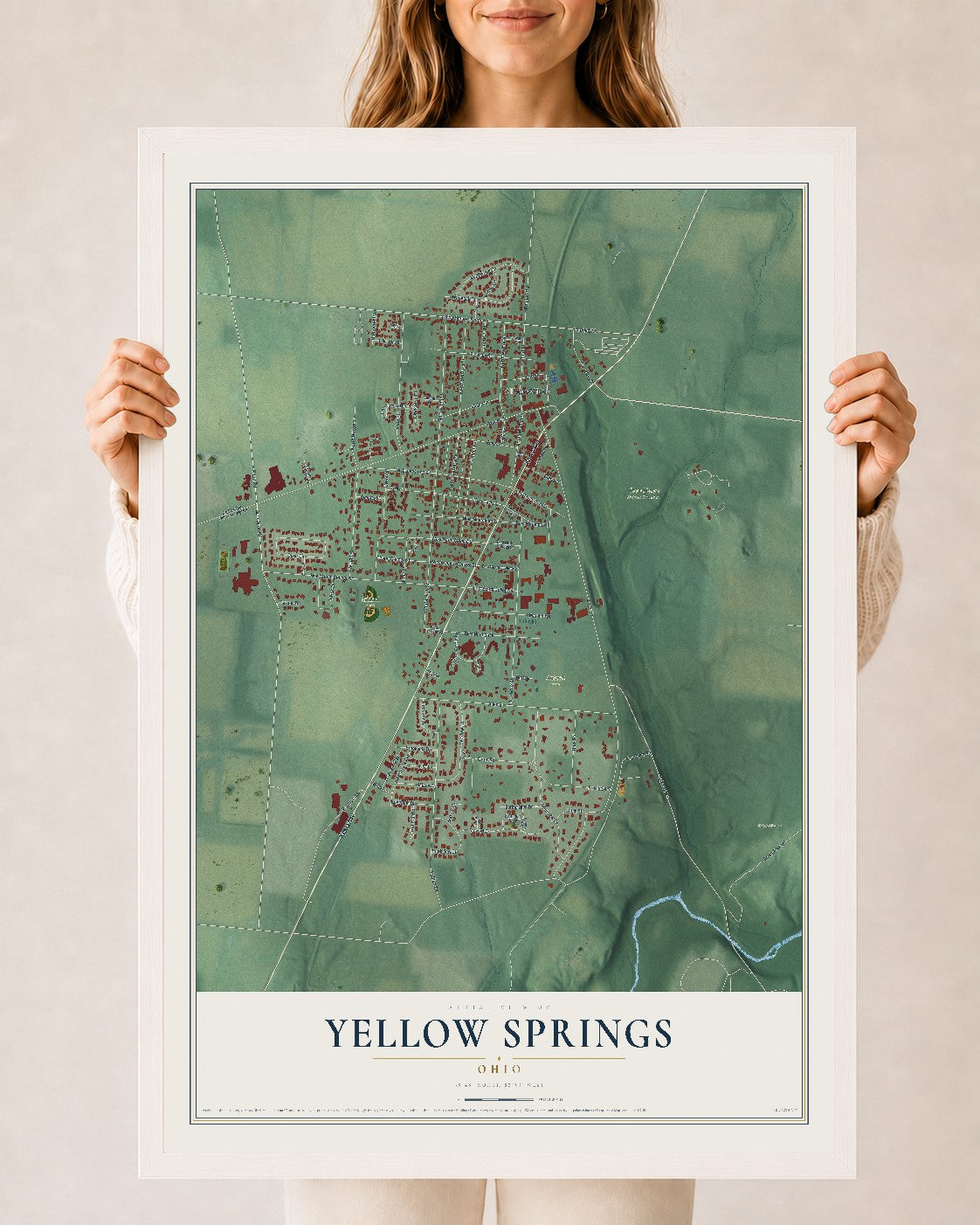 Map of Yellow Springs, Ohio, 24 x 36 inch print in a white wood frame