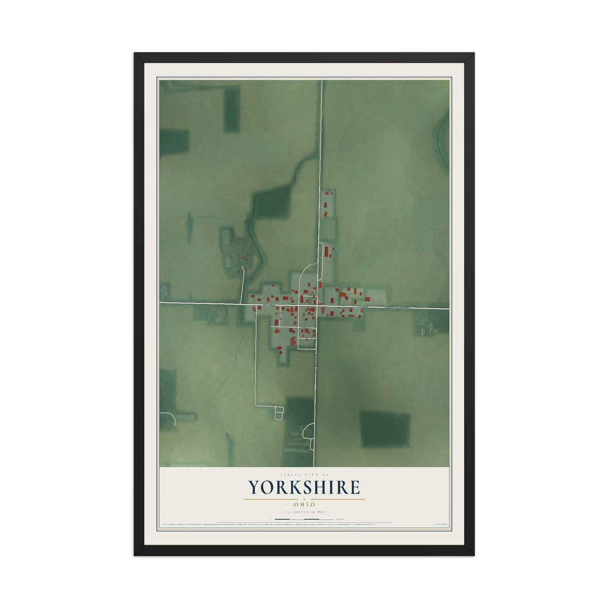 Map of Yorkshire, Ohio, 12 x 18 inch print in a black wood frame