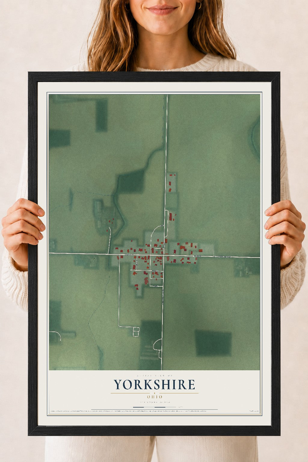 Map of Yorkshire, Ohio, 18 x 24 inch print in a black wood frame