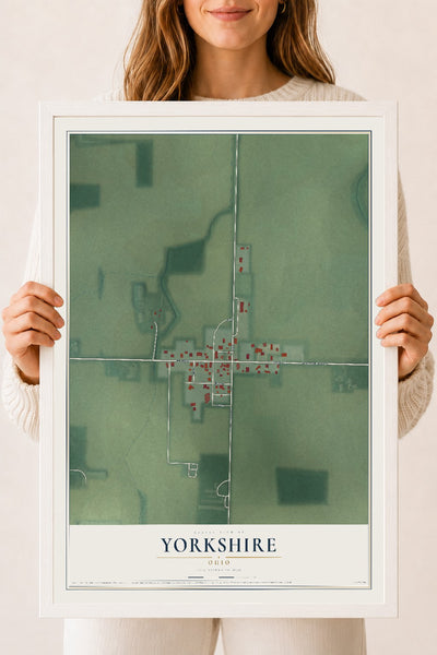 Map of Yorkshire, Ohio, 18 x 24 inch print in a white wood frame