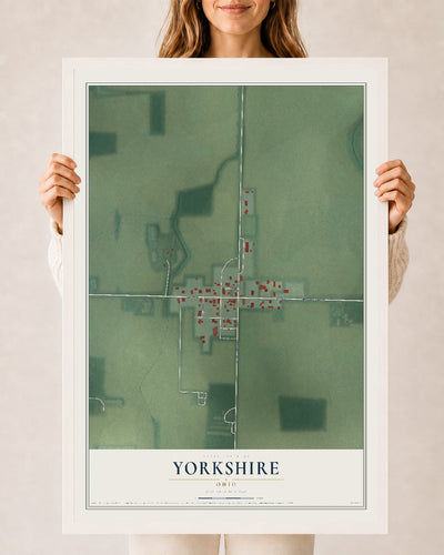 Map of Yorkshire, Ohio, 24 x 36 inch print in a white wood frame