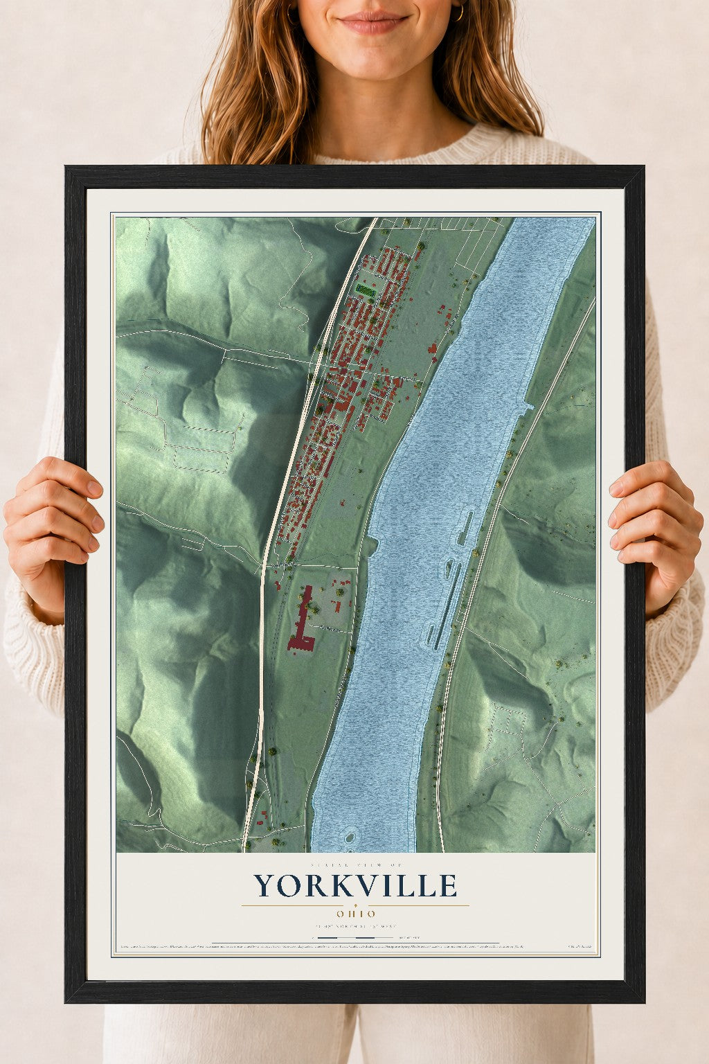 Map of Yorkville, Ohio, 18 x 24 inch print in a black wood frame