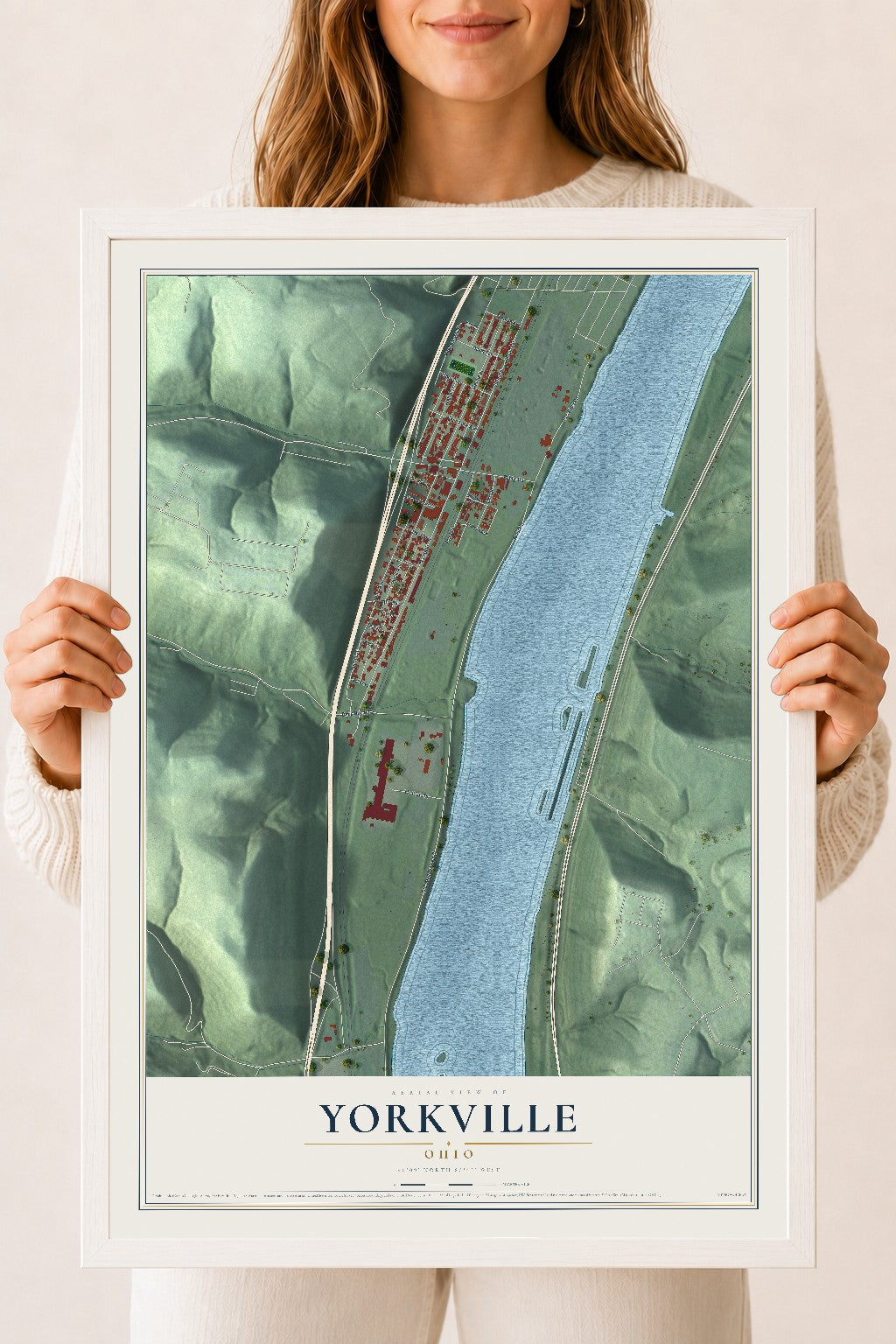 Map of Yorkville, Ohio, 18 x 24 inch print in a white wood frame
