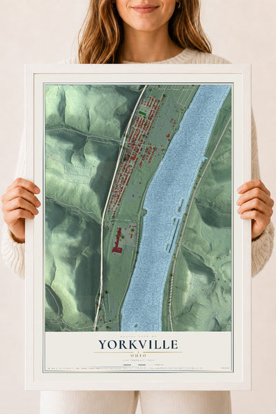 Map of Yorkville, Ohio, 18 x 24 inch print in a white wood frame