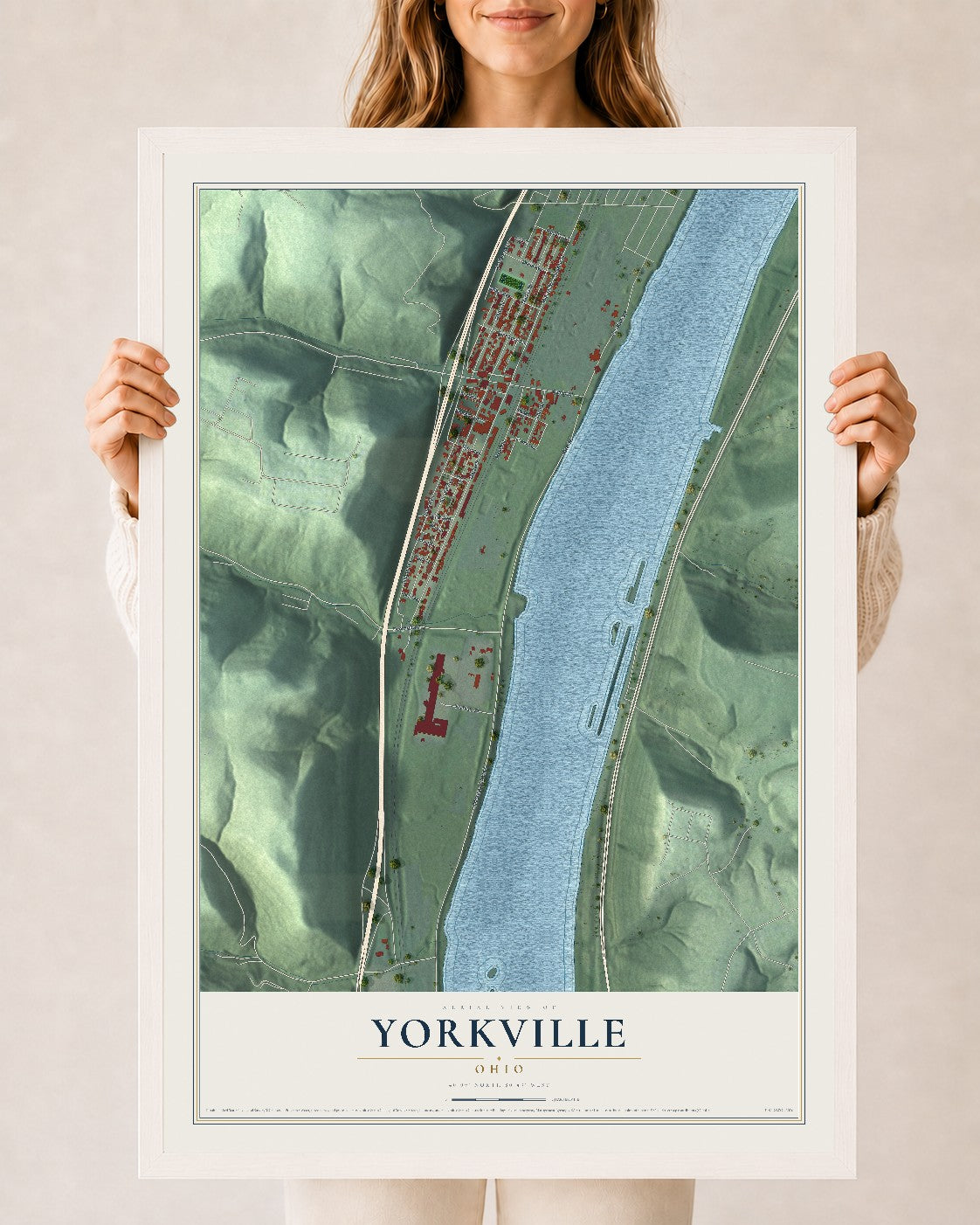 Map of Yorkville, Ohio, 24 x 36 inch print in a white wood frame