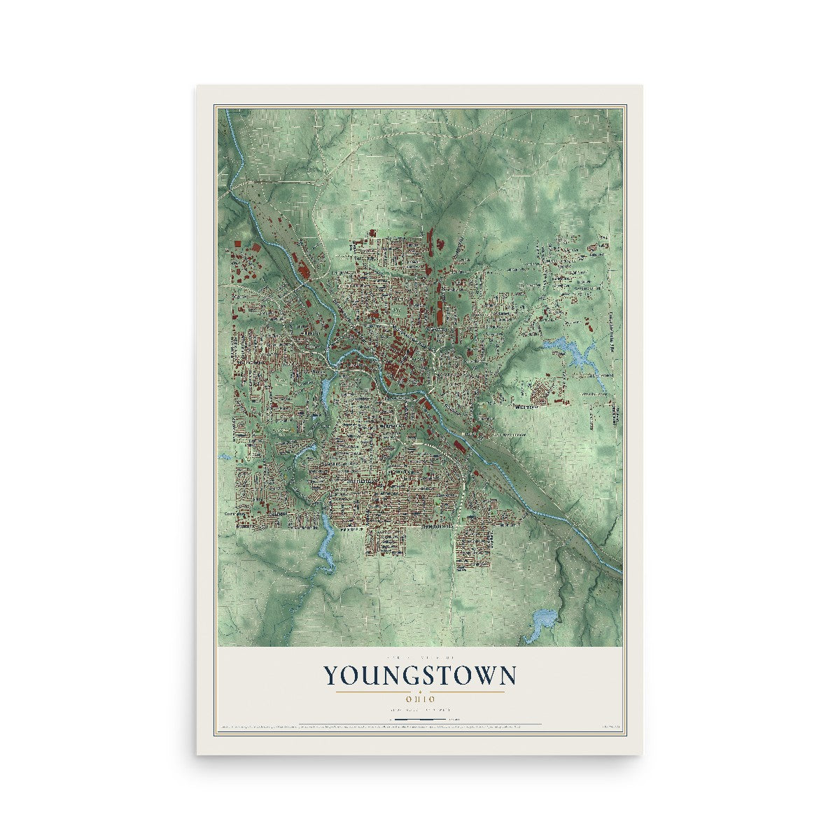 Map of Youngstown, Ohio, 12 x 18 inch unframed archival matte print