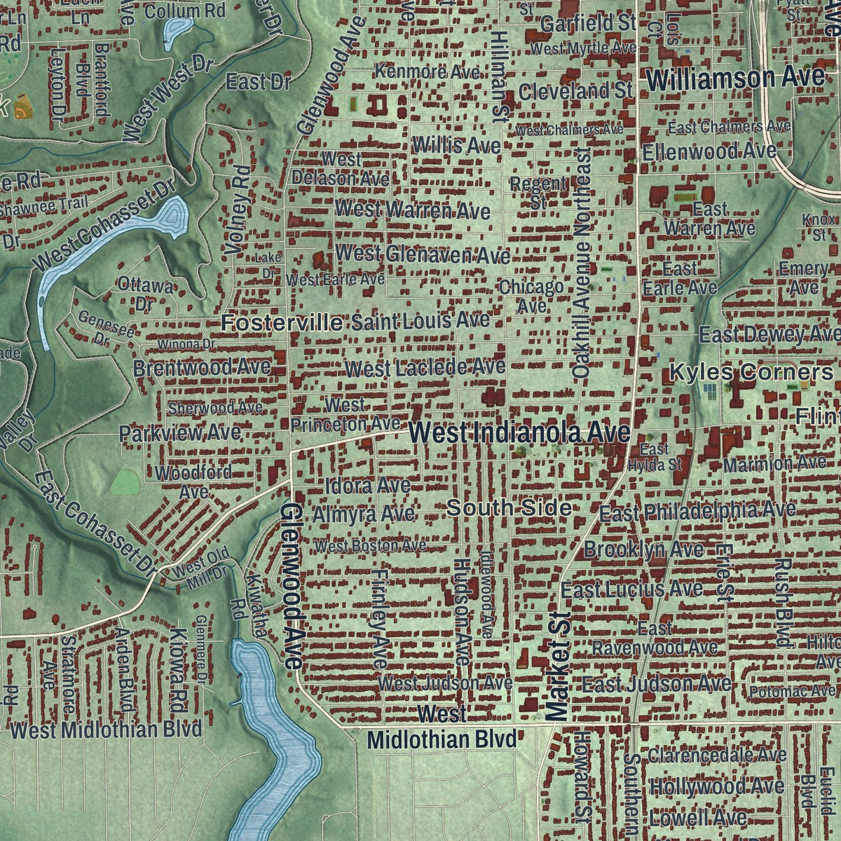 Close-up of the map of Youngstown, Ohio print showing street and building detail