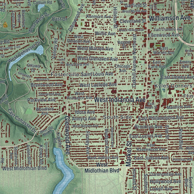 Close-up of the map of Youngstown, Ohio print showing street and building detail