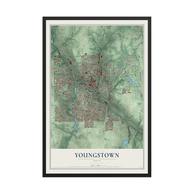 Map of Youngstown, Ohio, 12 x 18 inch print in a black wood frame