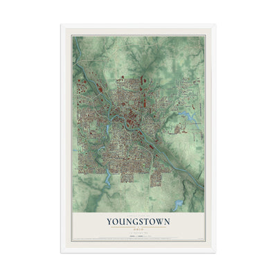 Map of Youngstown, Ohio, 12 x 18 inch print in a white wood frame