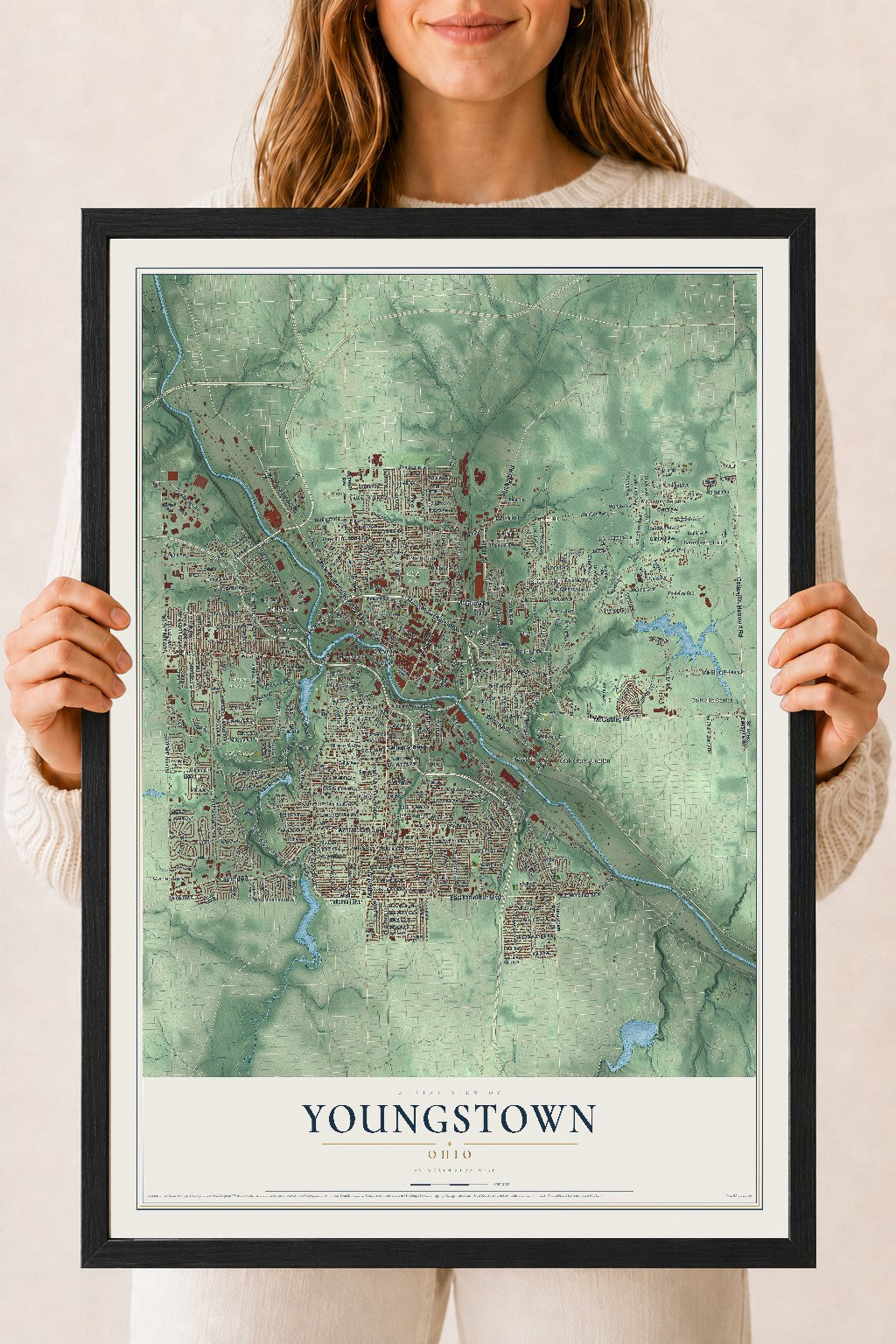 Map of Youngstown, Ohio, 18 x 24 inch print in a black wood frame