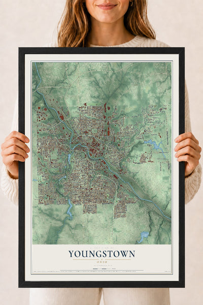 Map of Youngstown, Ohio, 18 x 24 inch print in a black wood frame