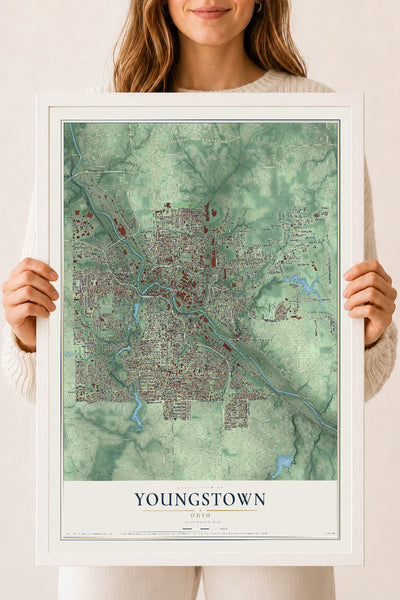 Map of Youngstown, Ohio, 18 x 24 inch print in a white wood frame