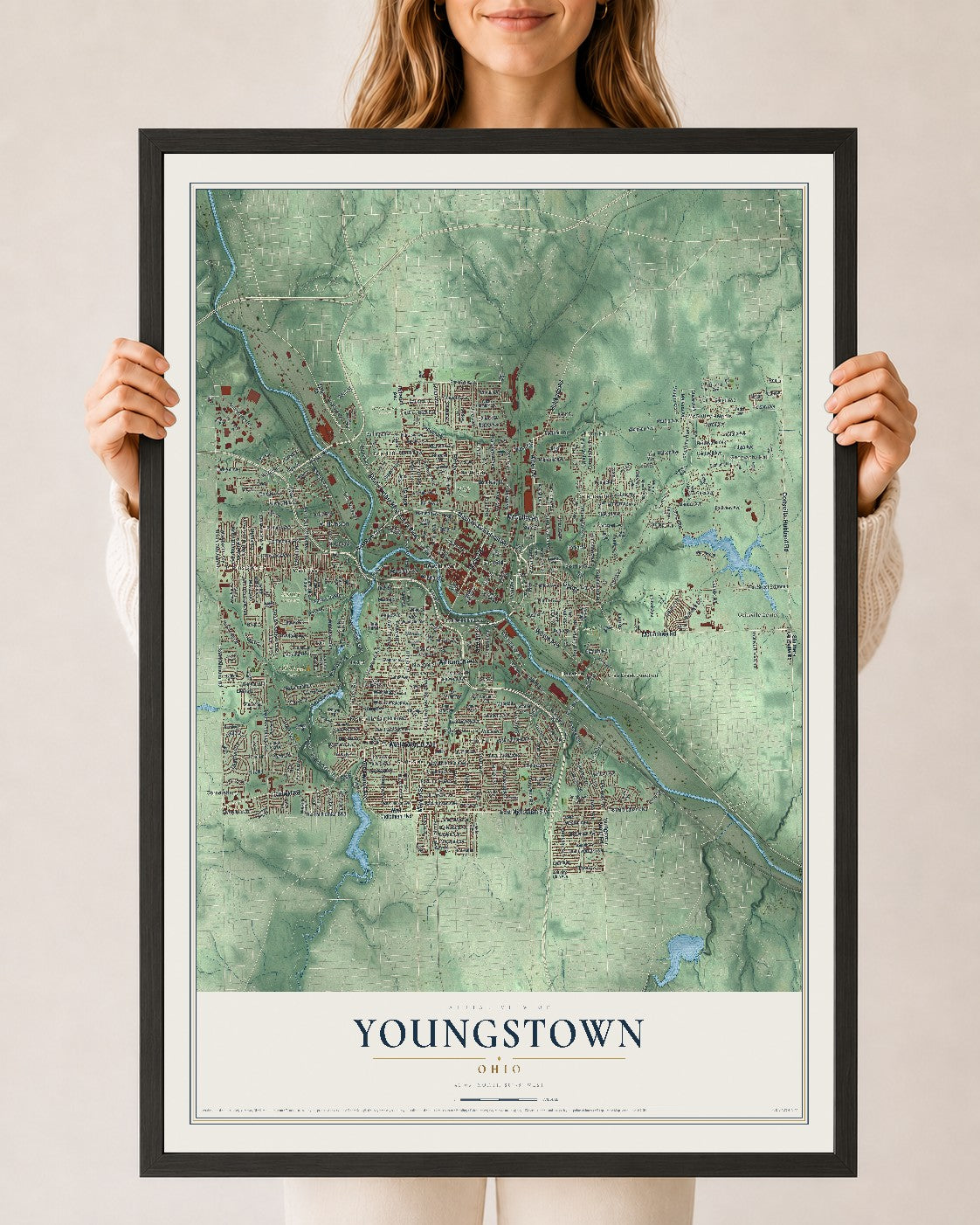 Map of Youngstown, Ohio, 24 x 36 inch print in a black wood frame