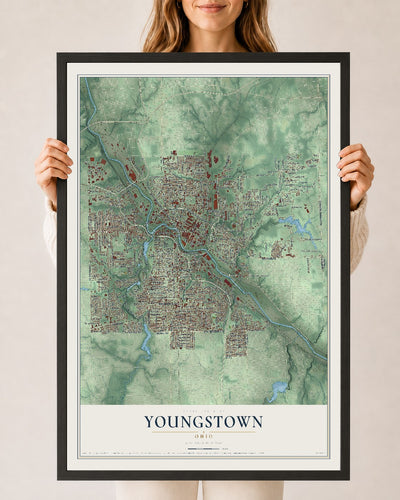 Map of Youngstown, Ohio, 24 x 36 inch print in a black wood frame