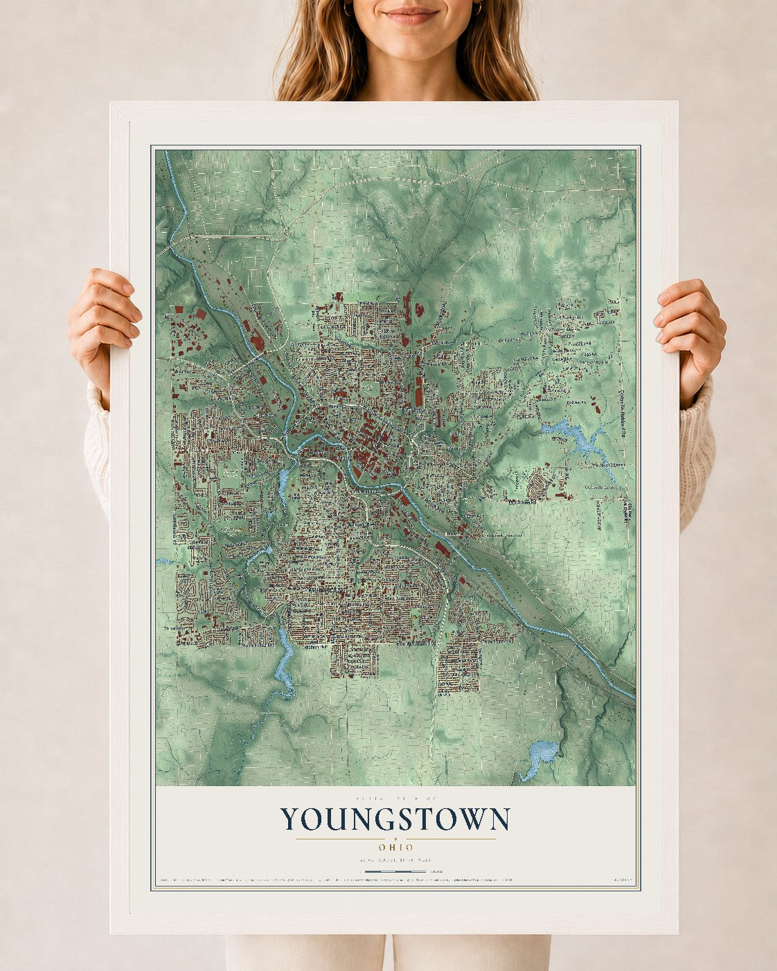 Map of Youngstown, Ohio, 24 x 36 inch print in a white wood frame