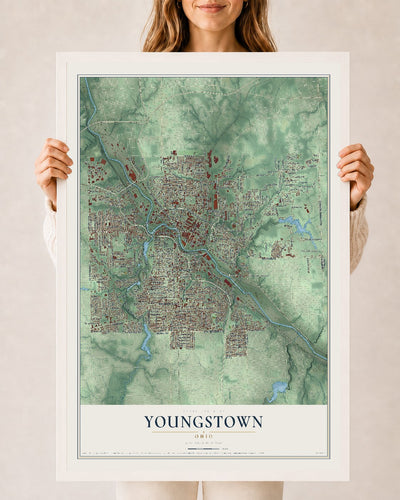 Map of Youngstown, Ohio, 24 x 36 inch print in a white wood frame