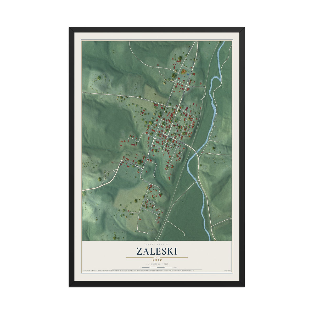 Map of Zaleski, Ohio, 12 x 18 inch print in a black wood frame