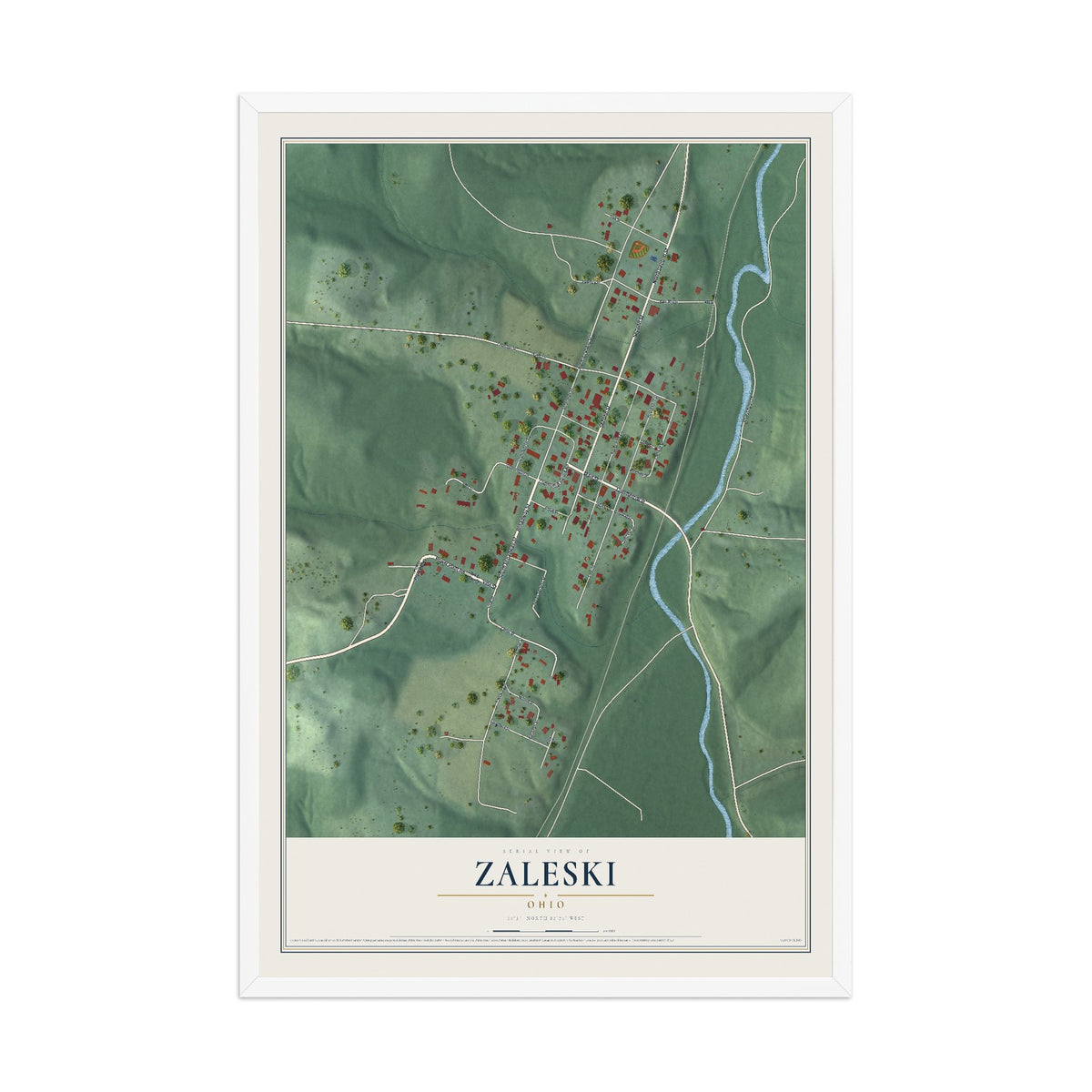 Map of Zaleski, Ohio, 12 x 18 inch print in a white wood frame