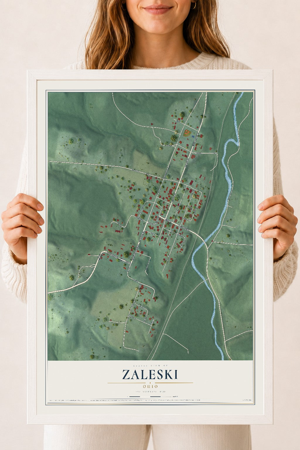 Map of Zaleski, Ohio, 18 x 24 inch print in a white wood frame