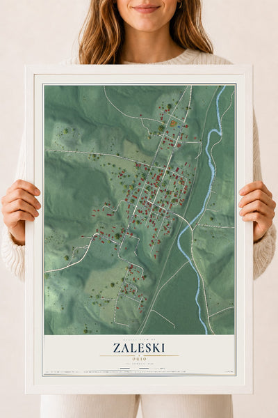 Map of Zaleski, Ohio, 18 x 24 inch print in a white wood frame