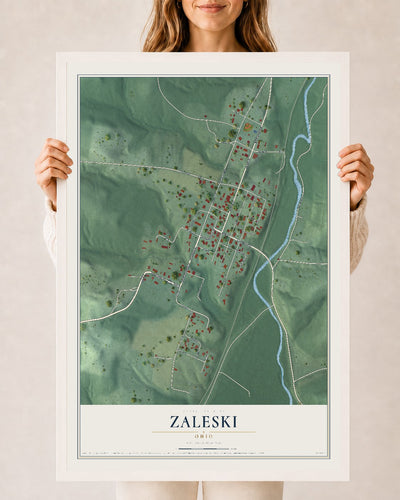 Map of Zaleski, Ohio, 24 x 36 inch print in a white wood frame