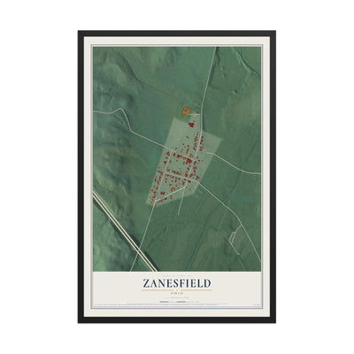 Map of Zanesfield, Ohio, 12 x 18 inch print in a black wood frame