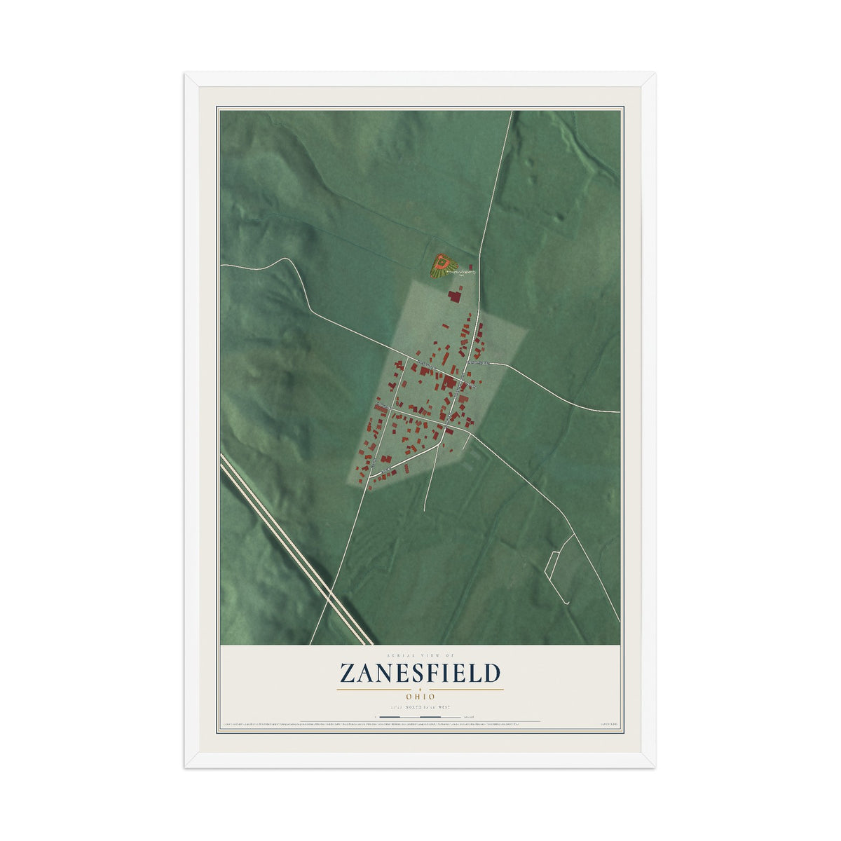 Map of Zanesfield, Ohio, 12 x 18 inch print in a white wood frame