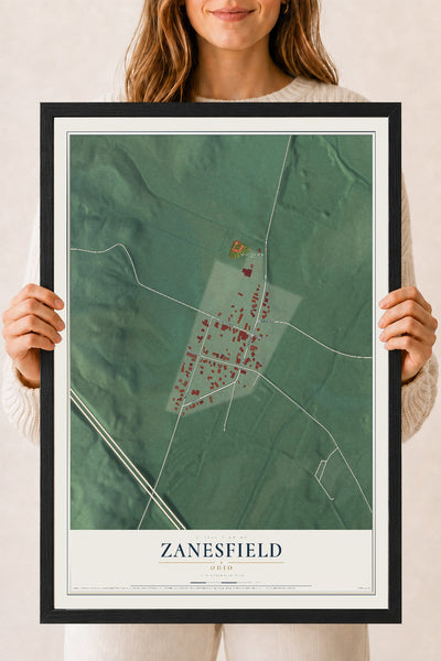 Map of Zanesfield, Ohio, 18 x 24 inch print in a black wood frame