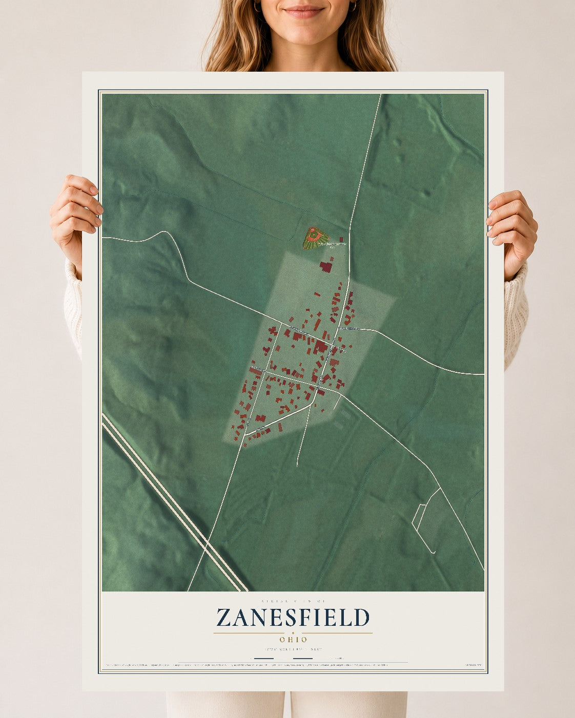 Map of Zanesfield, Ohio, 24 x 36 inch unframed archival matte print