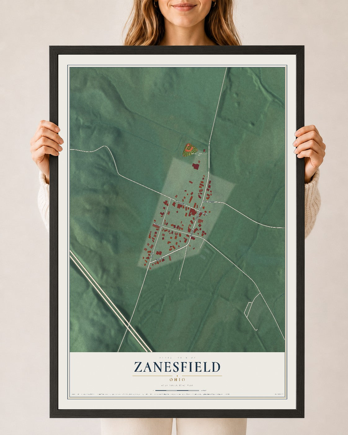 Map of Zanesfield, Ohio, 24 x 36 inch print in a black wood frame