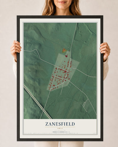 Map of Zanesfield, Ohio, 24 x 36 inch print in a black wood frame