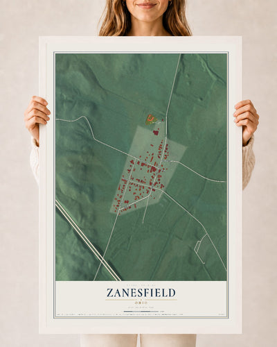 Map of Zanesfield, Ohio, 24 x 36 inch print in a white wood frame