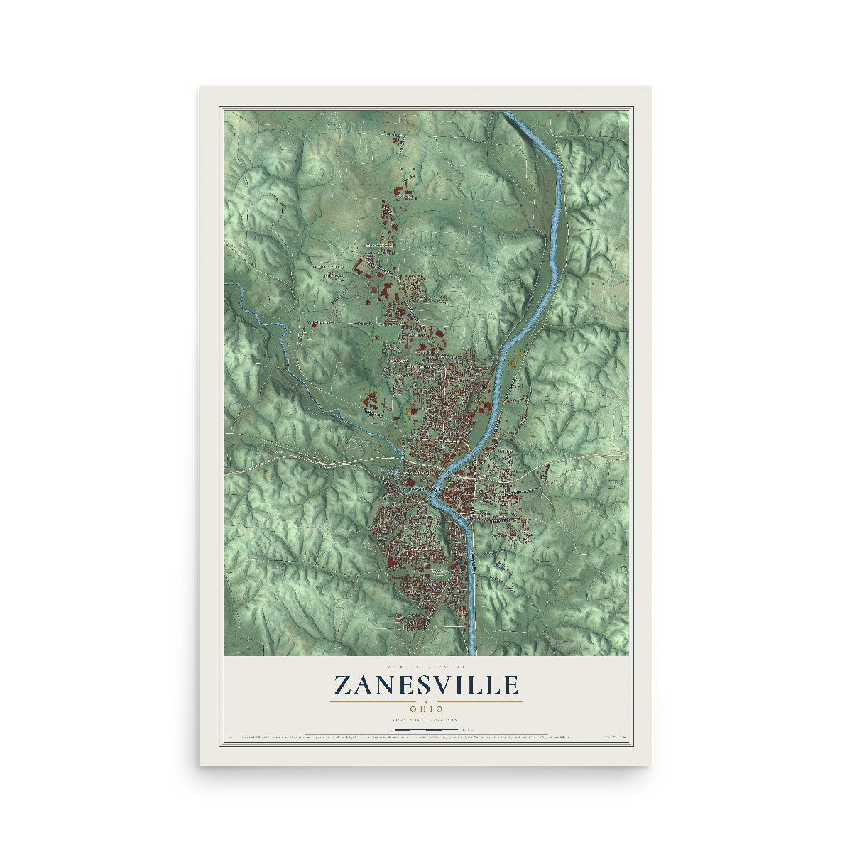 Map of Zanesville, Ohio, 12 x 18 inch unframed archival matte print