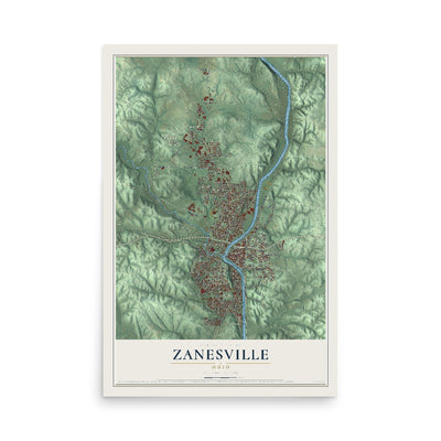 Map of Zanesville, Ohio, 12 x 18 inch unframed archival matte print