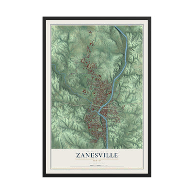 Map of Zanesville, Ohio, 12 x 18 inch print in a black wood frame