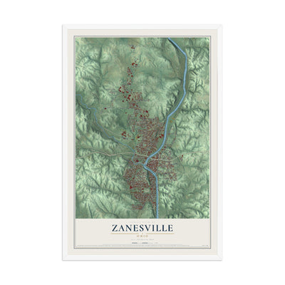 Map of Zanesville, Ohio, 12 x 18 inch print in a white wood frame