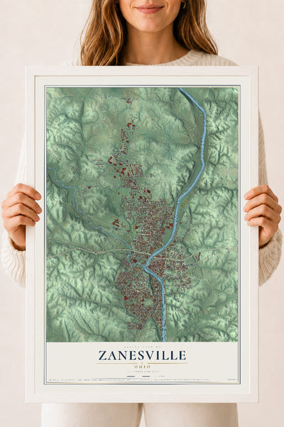 Map of Zanesville, Ohio, 18 x 24 inch print in a white wood frame