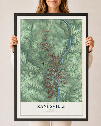 Map of Zanesville, Ohio, 24 x 36 inch print in a black wood frame