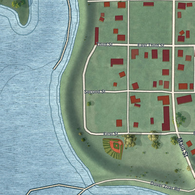 Close-up of the map of Zoar, Ohio print showing street and building detail