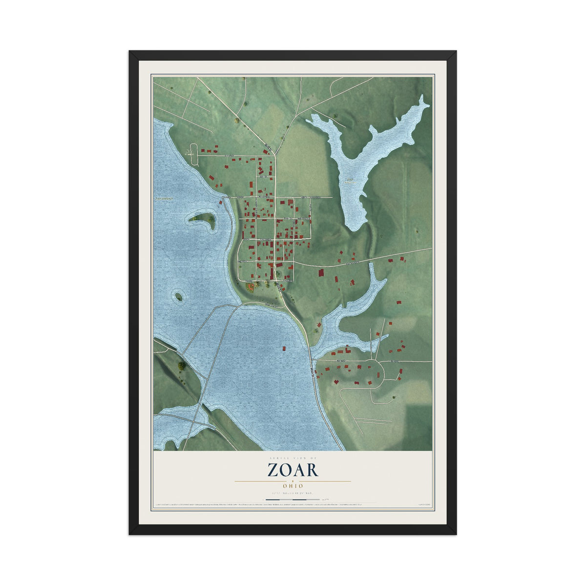 Map of Zoar, Ohio, 12 x 18 inch print in a black wood frame