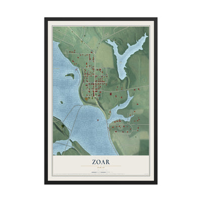 Map of Zoar, Ohio, 12 x 18 inch print in a black wood frame